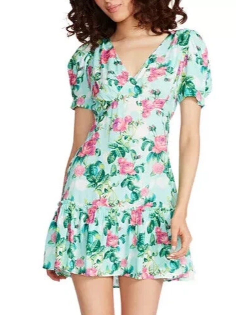 Betsey Johnson Mint Green Floral V-Neck Puff Sleeve Mini Dress
